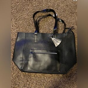 Black Faux Leather Tote with Metallic Silver Tassel